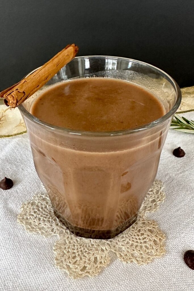 Vegan hot cocoa in a mug with coconut milk and cinnamon”